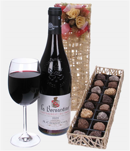 Chateauneuf-du-pape Wine and Chocolates Gift Set in Wooden Box