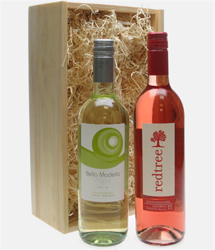 Pinot Grigio And Zinfandel Two Bottle Wine Gift in Wooden Box